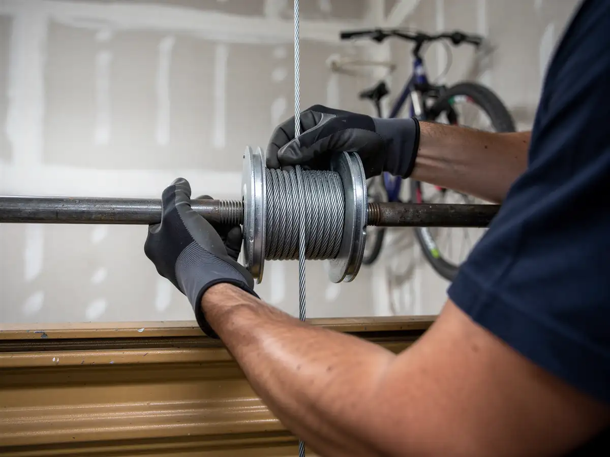 A technician's gloved hands are working on a garage door cable drum and shaft.