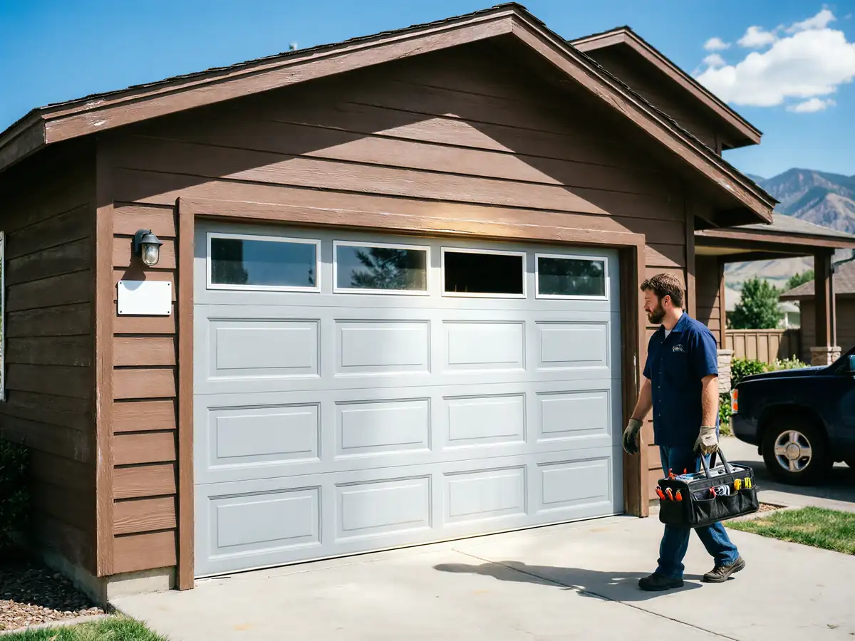 A technician walks past a closed gray garage door with windows.