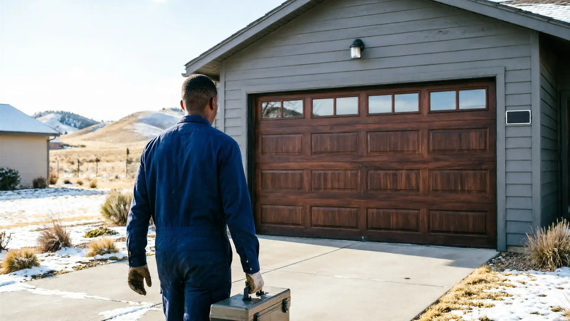 A technician carries a toolbox toward a brown garage door with windows.