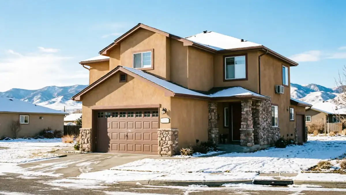 A brown house with a brown garage door and snow on the roof.