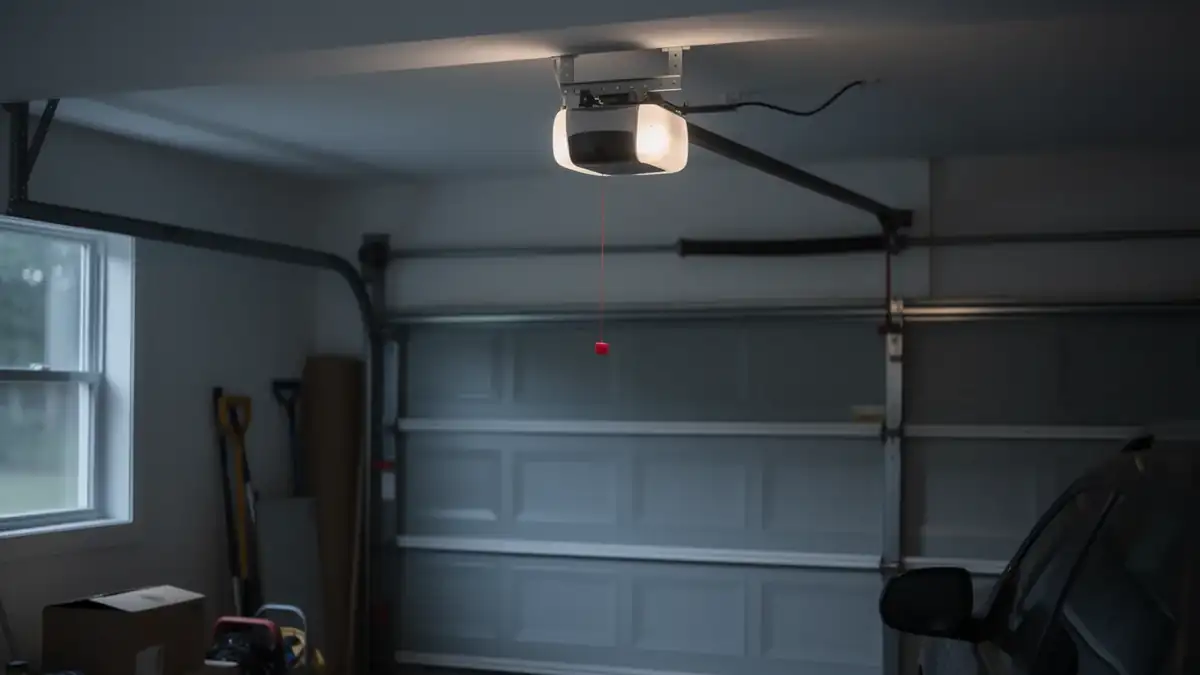 The garage door opener with a light is mounted on the ceiling.