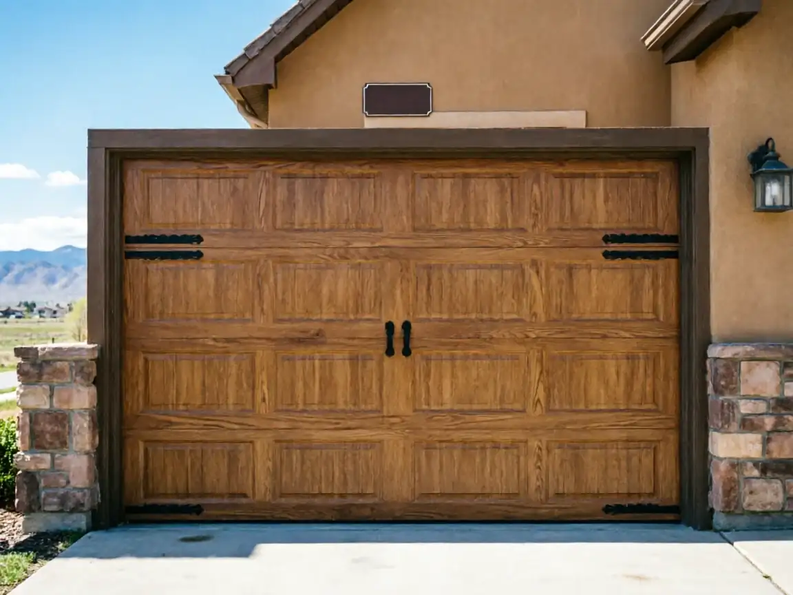 A brown wooden garage door with black decorative hardware is on a house.